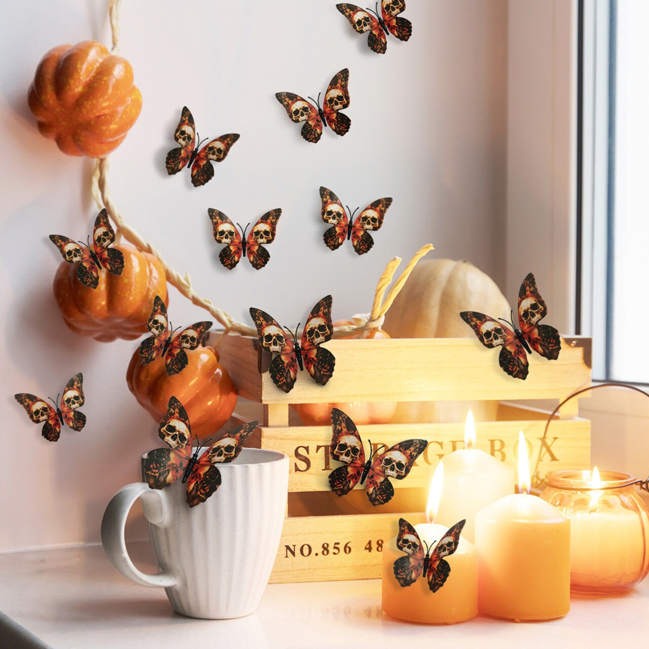 12Pcs Halloween Wall Decal 3D Stereo Skull Butterfly Sticker Gothic Vintage Home Decorations For Window Door